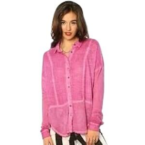 We The Free Zahara Button Down Shirt Pink Magenta Oversized Gauzy Cotton S